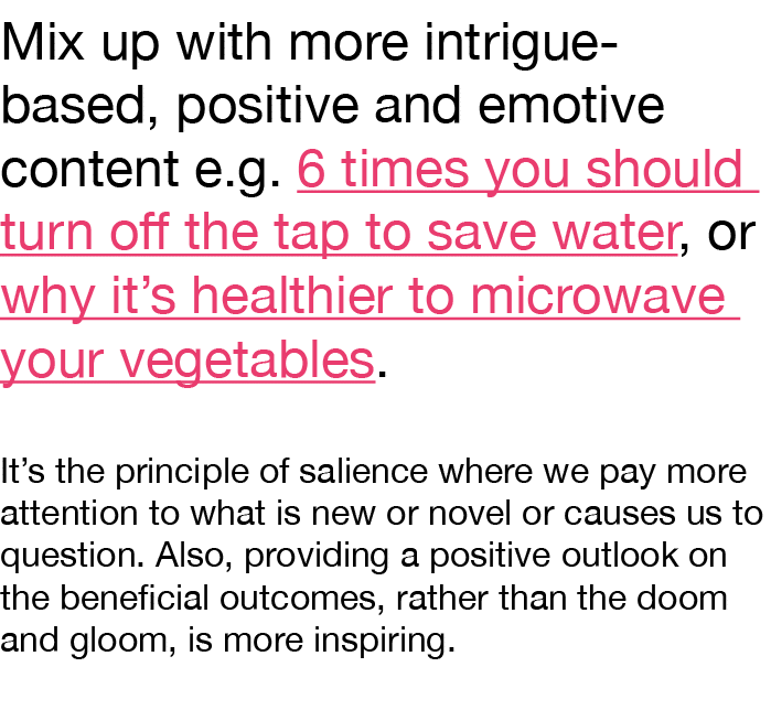 Mix up with more intrigue-based, positive and emotive content e g  6 times you should turn off the tap to save water,   