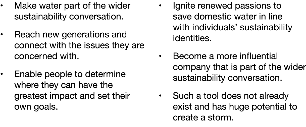 Make water part of the wider sustainability conversation  Reach new generations and connect with the issues they are    