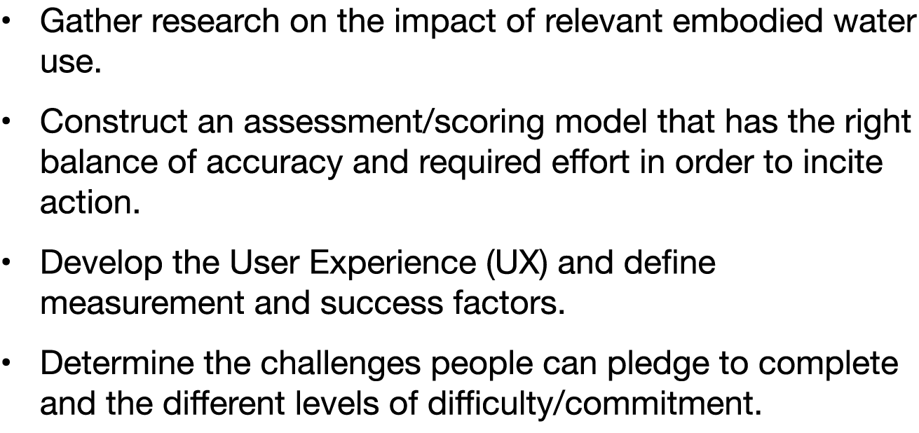 Gather research on the impact of relevant embodied water use  Construct an assessment scoring model that has the righ   